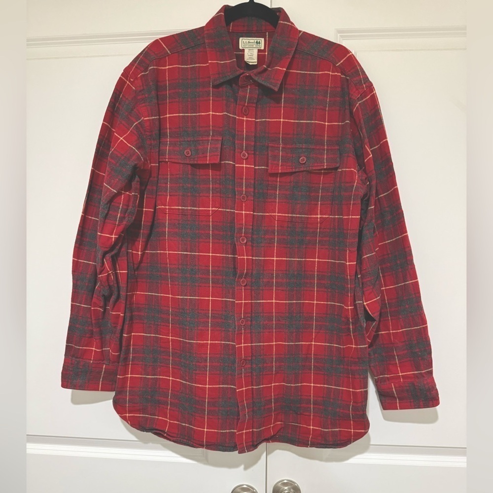 VTG LL Bean Flannel Shirt Red Plaid Cotton Long Sleeve Mens Large Tall L